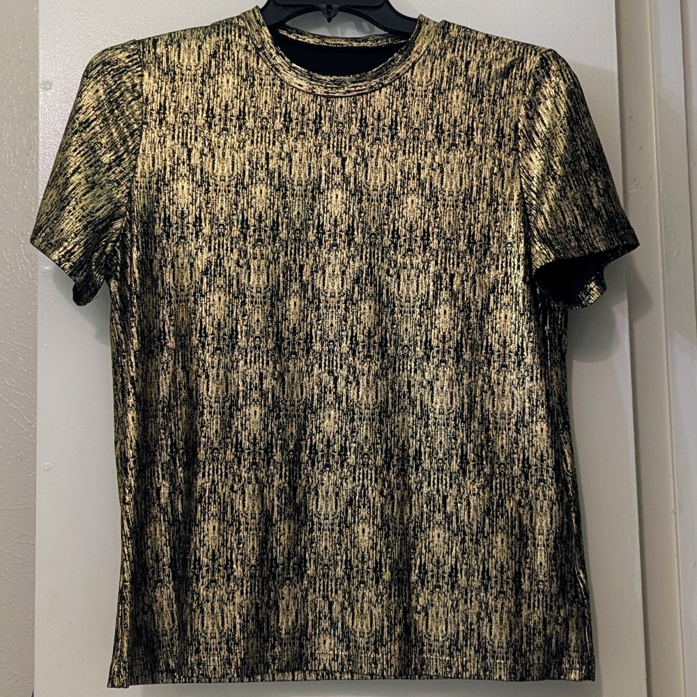 New Ladies Shein Black & Gold Shiny Metallic Blouse Large